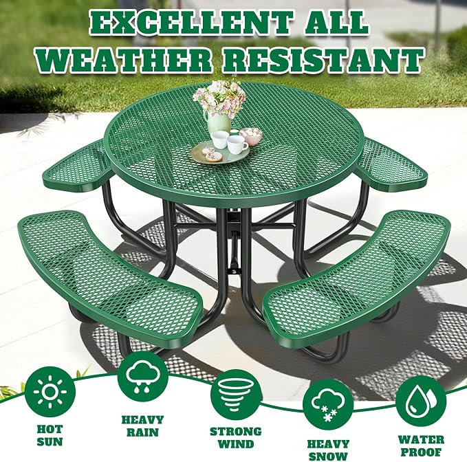 46IN Round Outdoor Picnic Table with Attached Seats, Heavy-Duty Metal Expanded Mesh Patio Table, 1600LBS Load Capacity Commercial-Grade Table for Park, Backyard, Deck, Green