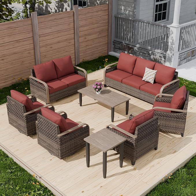 COOS BAY Modern Wicker Outdoor Furniture Set, 8 Piece Patio Conversation Set with 2 Swivel Rockers, 2 Patio Chairs, a 3 Seat Couch, a Loveseat, Coffee Table and Side Table, 8 Piece, Brown/Red