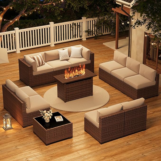 LazySunsets 12-Piece Patio Furniture Set with 44" Fire Pit Table, Wicker Outdoor Furniture, Patio Conversation Sets with Coffee Table, Outdoor Sectional Couch with Waterproof Cover, Beige
