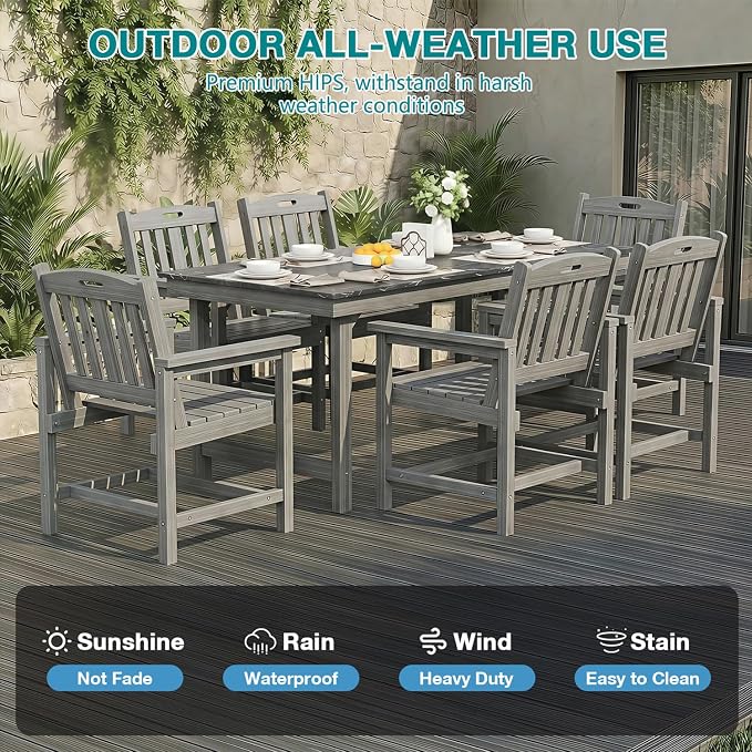Mdeam 7-Piece HIPS Outdoor Dining Set, 66.9" Marble Texture Patio Table with Umbrella Hole, 440LBS Capacity, 6 Wider Chairs,Dining Table Set for 6, Outdoor Furniture with Galvanized Steel Frame, Grey