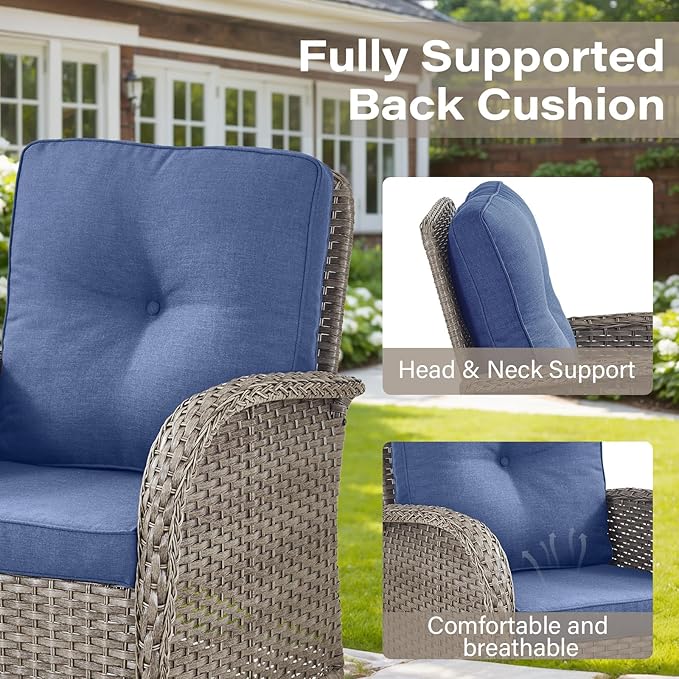 Belord Outdoor Glider Bench Patio Loveseat - 500 Lbs Weight Capacity 2 Seater Wicker Sofa, Small Porch Glider Furniture All Weather Rattan Couch with Removble Cushion for Balcony Backyard Gray/Blue