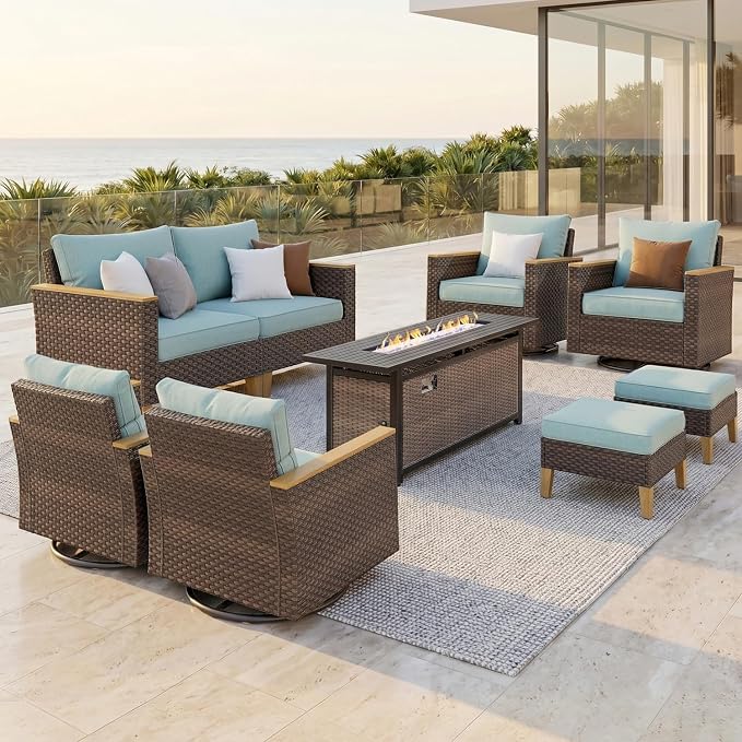 PHI VILLA Wicker Patio Furniture Set with Swivel Chairs, 9 Pieces Outdoor Conversations Set with 56" Fire Pit Table, Oversized Rattan Patio Sectional Sofa with Ottoman, Aqua Blue Cushion