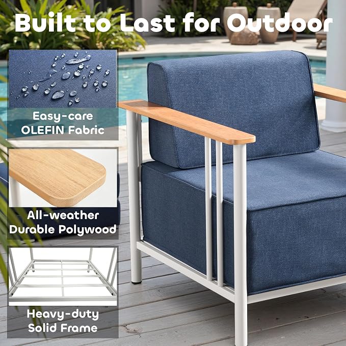 Luxury Patio Furniture Set with 10" Extra Thick Cushions, 4 PCS Outdoor Furniture Set with Patio Chairs & Couch & Coffee Table, Suitable for Porch, Balcony, Deck, Yard, Poolside, White/Blue