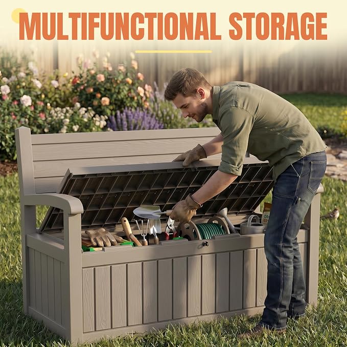 Storage Bench Outdoor Deck Box,100 Gallon Waterproof & UV Resistant Lockable Patio Furniture Seating.Indoor/Outdoor Shoe Storage Cabinet for Garden Cushions,Tools,Patio,Pool Supplies(Taupe)