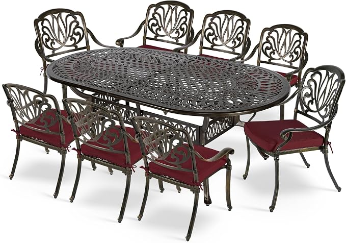 MEETWARM 9-Piece Outdoor Patio Dining Set, 8 Outdoor Dining Cushioned Chairs and 1 Oval Table with 2" Umbrella Hole, All Weather Cast Aluminum Patio Funiture Set for Backyard, Patio, Garden, Chili Red