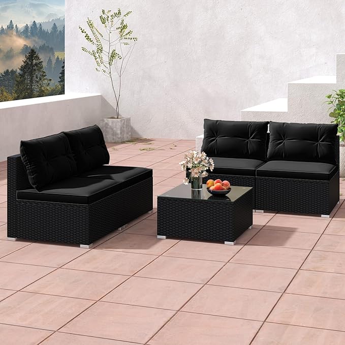 Tangkula 5 Piece Rattan Sofa Set, Outdoor Wicker Furniture Set w/Seat & Back Cushions, Square Coffee Table, Patio Sectional Sofa Set for Backyard, Poolside, Garden (Black)