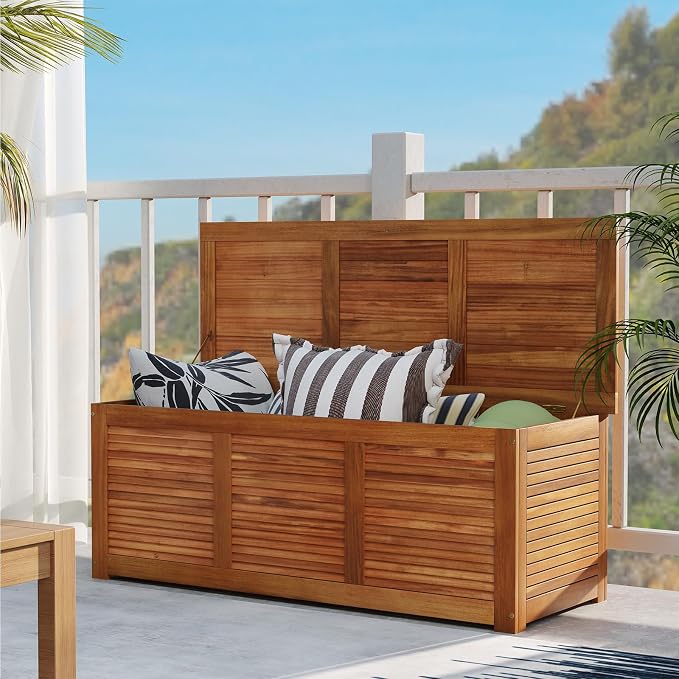 DREAMADE 47 Gallon Acacia Wood Deck Box, Patio Storage Bench with Large Capacity, Supports 355 lbs, Outdoor Storage Box for Garden Backyard Patio Porch Seating, Natural