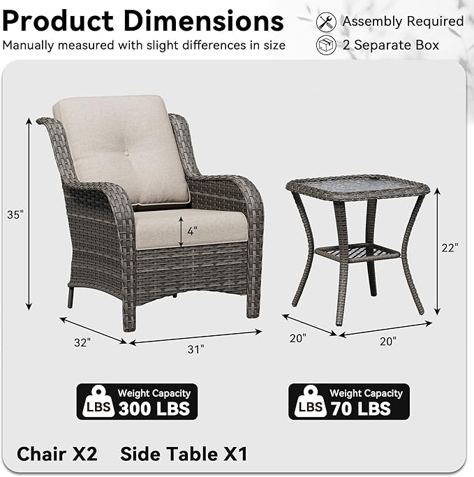 3 Pieces Outdoor Wicker Patio Furniture Set - Patio Chairs Set with Thickened Olefin Cushions, High Back and Deep Seating, Curved Armrest, PE Rattan for Porch, Deck, Balcony,Beige