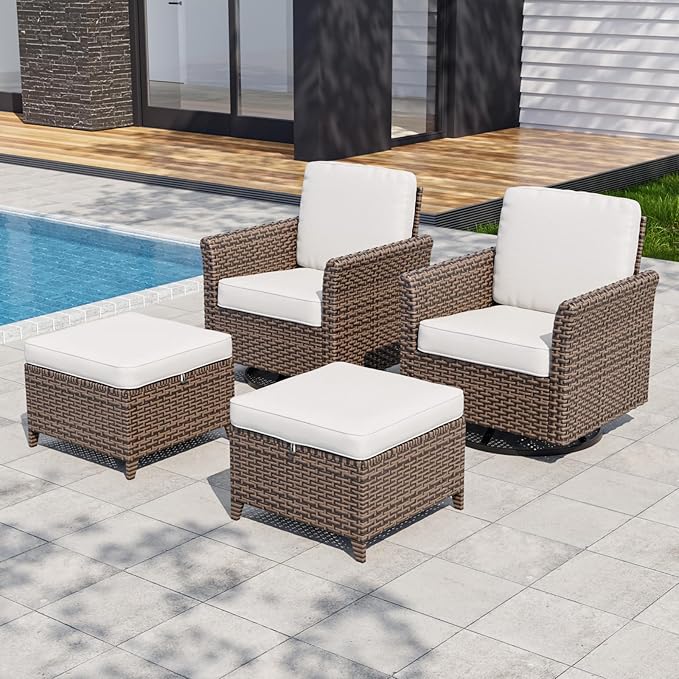 COOS BAY Harbor Retreat 4 Piece Outdoor Furniture Set, Patio Conversation Set with Swivel Rocking Chairs and Ottomans, Wicker Furniture, Brown/Beige