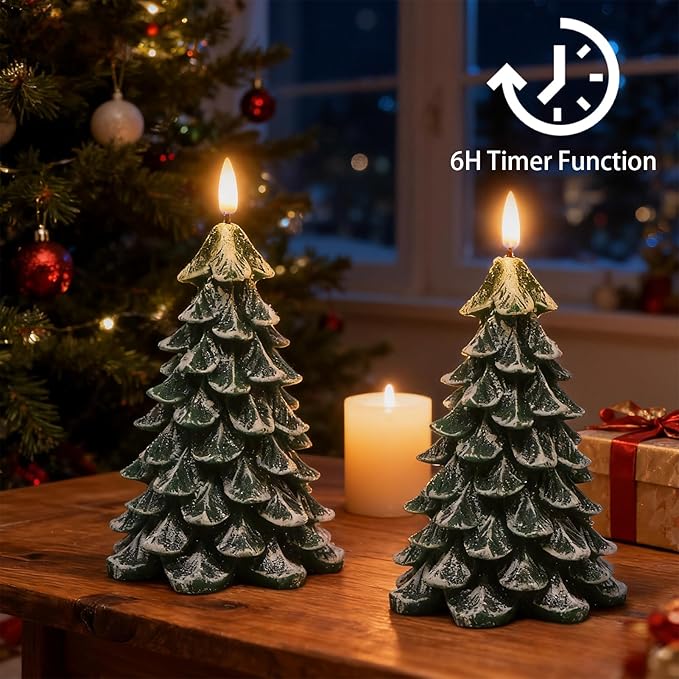 Wondise Christmas Tree Flameless Candles with 6H Timer, 2 Pcs Real Wax Battery Operated LED Candles Flickering, 3D Wick Green Electric Candles for Christmas Holiday Decorations