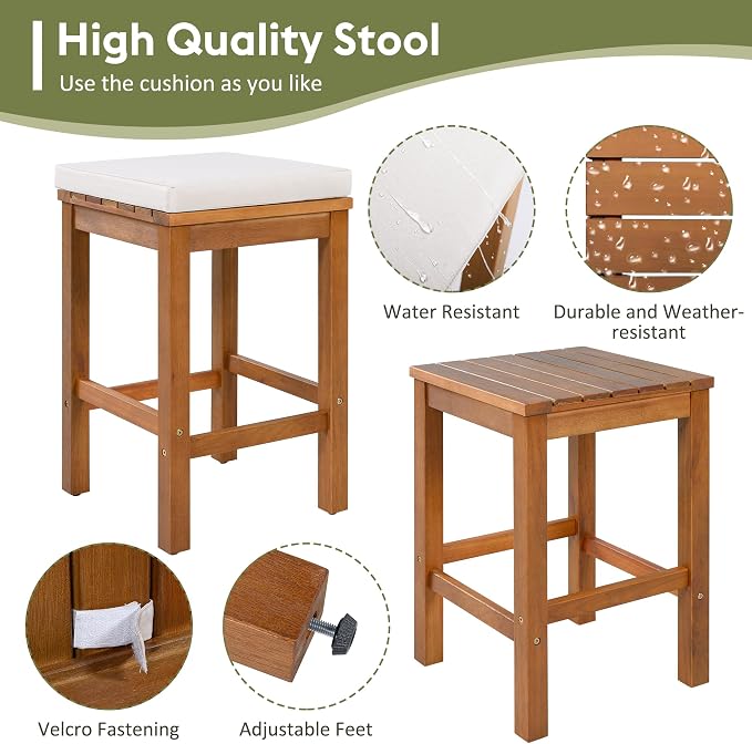 5 Piece Outdoor Bar Set, Patio Acacia Wood Bar Height Table & Four Stools with Cushions for Backyard, Poolside, Balcony (Beige+Natural)