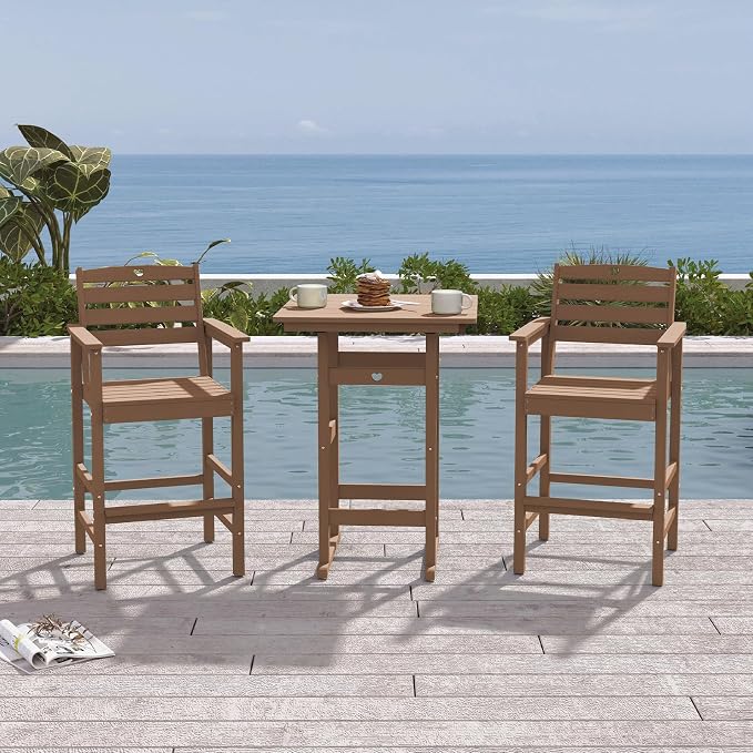 3-Piece Bar Height Patio Table and Chairs Set, HDPE Wood Grain Outdoor Bar Table and Chairs with Heart Cutout Design, Weather-Resistant Bar Height Furniture for Deck, Porch, Pool (Teak)