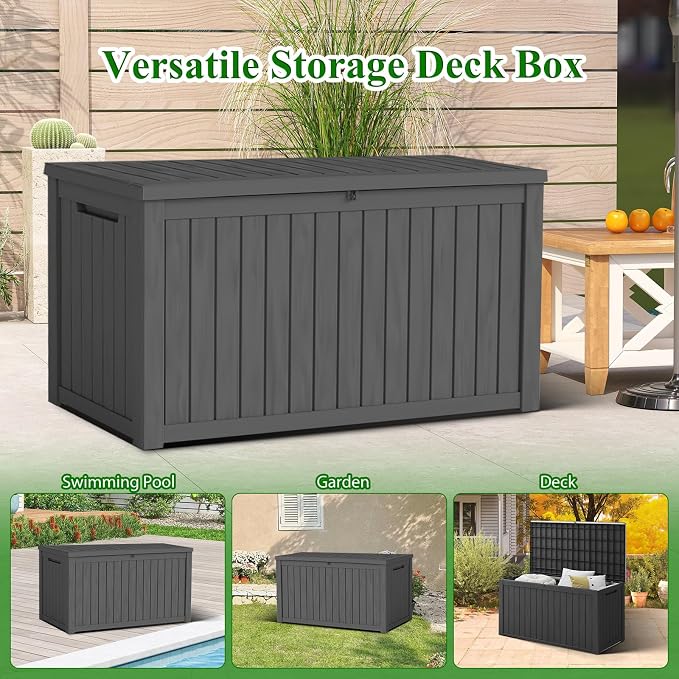 180 Gallon Outdoor Deck Boxes, IP68 Waterproof Outdoor Storage Box with Hydraulic Lid Support, Outside Resin Container for Furniture, Toy, Shoe, Garden & Patio Tools Storage -Black