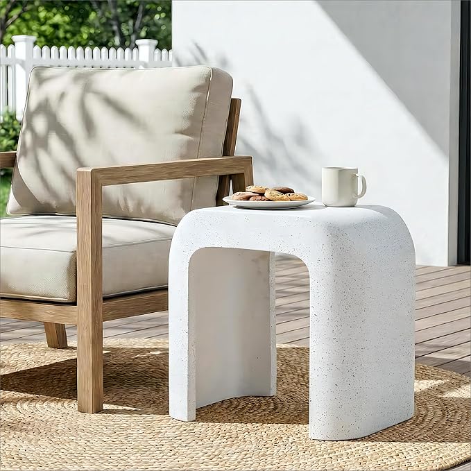 SUNBURY Outdoor Side Table, 18" H Concrete Horseshoe End Table, Rectangular Cement Accent Table for Patio, Round Modern Garden Stool for Patio, Backyard, Spotted White