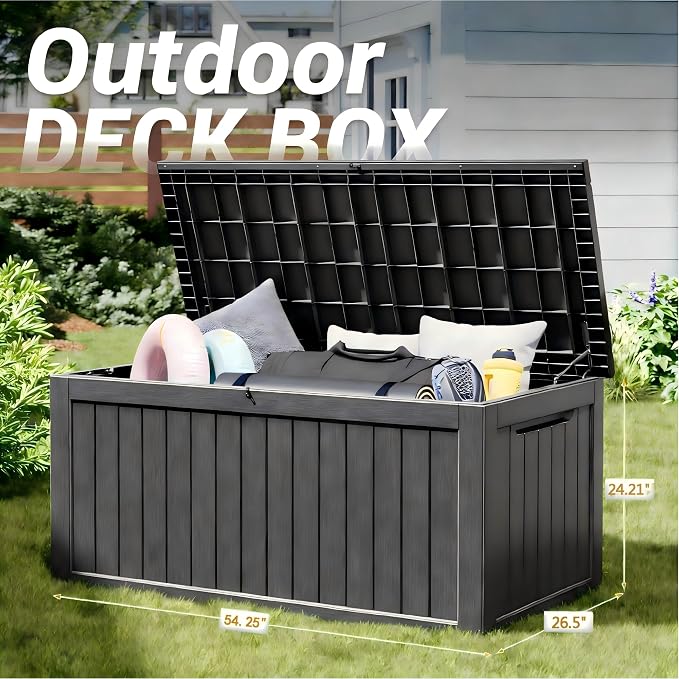 Outdoor Storage Box, 150 Gallon Resin Deck Boxes Outdoor Waterproof For Patio Furniture, Garden Tools, Pool Supplies, Lockable And UV Resistant (Striped Black)