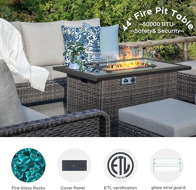 XIAO WEI 6-Piece Outdoor Furniture Set with Fire Pit Table, Wicker Patio Conversation Set with Cushions & Swivel Glide Chairs, All-Weather Patio Furniture Set for Backyard, Garden, Deck (Beige)