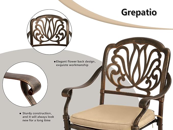 Grepatio 7 Piece Patio Dining Set Outdoor Cast Aluminum Furniture Set with 4 Chairs 2 Swivel Chairs and Umbrella Hole Table for Backyard Garden Poolside with 6 Cushion (Khaki)