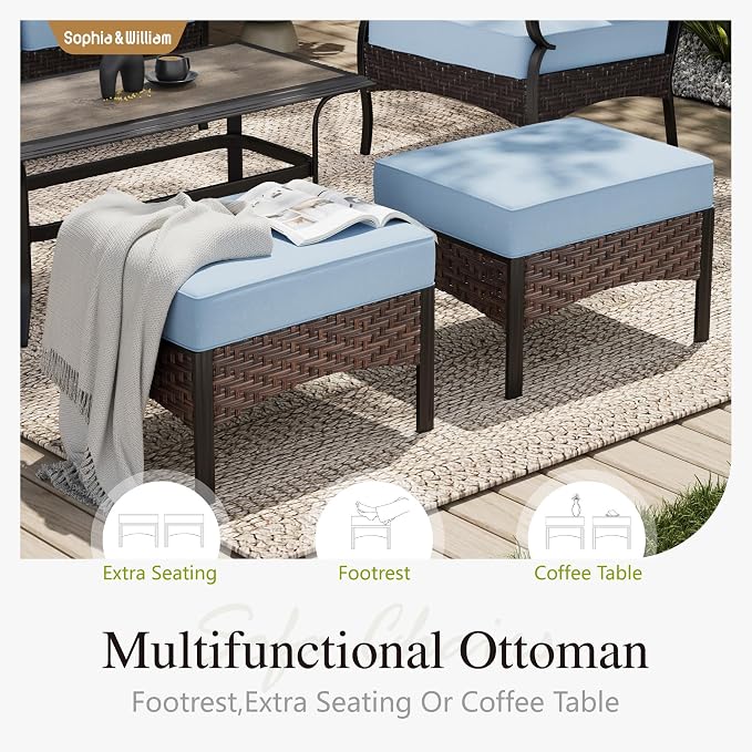 Sophia & William Patio Furniture Set with 56" Fire Pit Table, Metal Outdoor Conversation Set Patio Sectional with 3-Seater Sofas, 2 Fixed Chairs, 2 Ottomans, 1 Firepit Table for Porch Deck, Blue