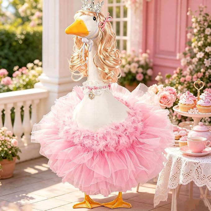 6 Pcs Princess Porch Goose Outfit Set Porch Goose Summer Outfits with Wigs, Pink Funny Geese Cloth with Long Blonde Wigs and Tutu Skirt for 23“ Lawn Goose Statues