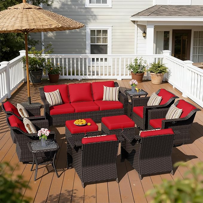 11 Pieces Patio Conversation Furniture Set - 1 Sofa, 2 Ottoman, 2 Armchairs, 4 Swivel Chairs, 2 Side Tables, Outdoor Wicker Furniture with Removable Cushions for Porch, Sunroom (Red)