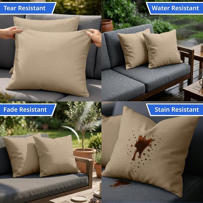 Covers & All Sunbrella Throw Pillows Set of 2, 22 x 22 Inch Square Outdoor & Indoor Cushions with Insert, Fade & UV Resistant Fabric (Canvas Antique Beige)