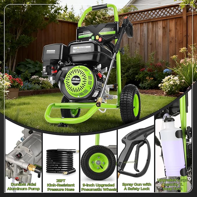 4200PSI Gas Pressure Washer 4.0GPM Gas Power Washer 212CC Gas Powered Washing Machine Commercial High Pressure Washer with 25ft Hose&5 Nozzles for Patio Garden Yard Vehicle,EPA/CARB/ETL (Green)