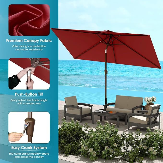 GREENVINES 6.5X10 FT Rectangular-Patio-Umbrella | Outdoor-Table-Umbrellas | 6 Sturdy Steel Ribs | Push Button Tilt & Crank | Waterproof | Market Umbrella | for Pool Backyard Garden Deck | Red