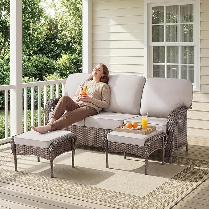 Belord Luxury Patio Furniture Set with 5-inch Thick Cushion, Outdoor Couch and High Back Swivel Rocker Patio Chairs, 6PCS Wicker Conversation Set for Deck Yard and Poolside,Beige