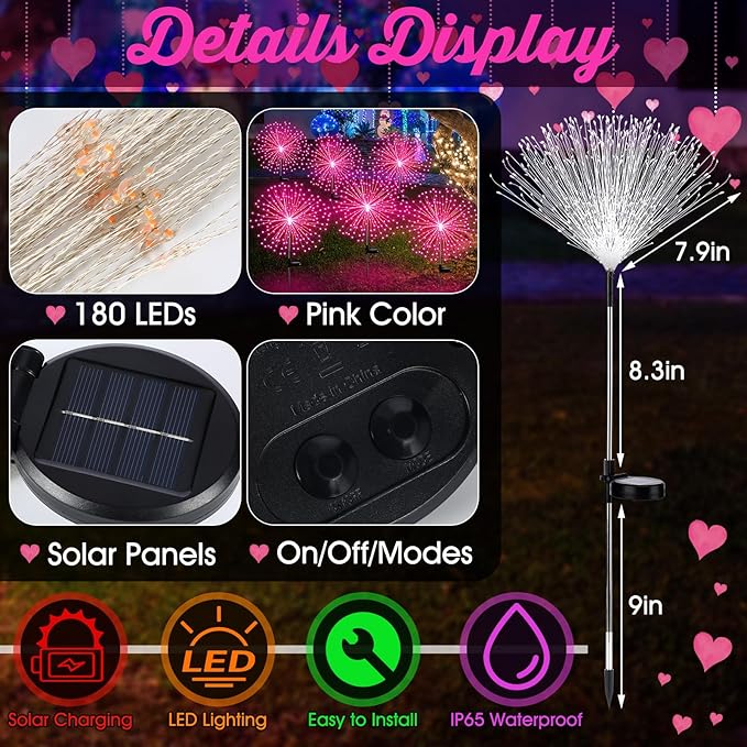Tujoe 4 Pcs Valentine's Day Solar Lights Outdoor Pink Solar Firework Lights Decoration 180 LEDs 8 Modes Waterproof Valentine LED Stake Sparkler for Walkway Pathway Driveway Garden Yard Lawn Path(Pink)