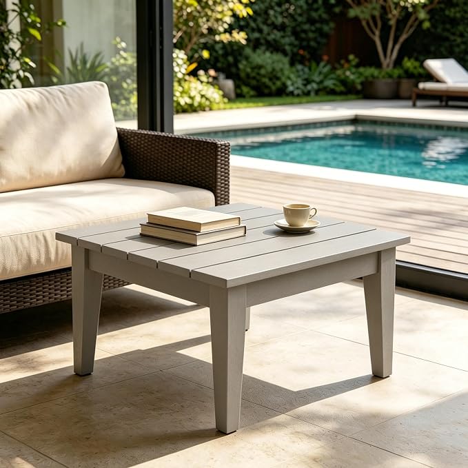 WestinTrends Ashore Outdoor Coffee Table, 32 Inch All Weather Poly Lumber Adirondack Patio Coffee Table Square Low Table, Weathered Wood