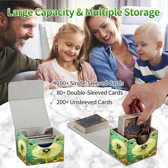 Card Deck Box for MTG, Cards Storage Box Fits 120+ Sleeved, Leather Small Size Strong Magnetic Closing Card Case for Board Games Magic TCG CCG Baseball Collection, Blue Dandelion