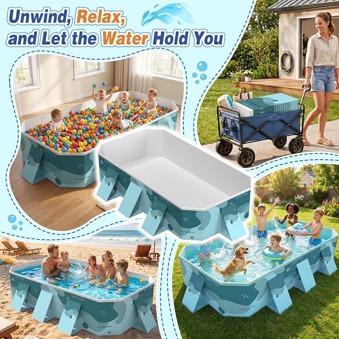 113" Foldable Pool for Adults & Kids, Large Capacity Non Inflatable Pool, Portable Hard-Side Foldable Swimming Pool, Above Ground Pool for Indoor Outdoor Backyard, Garden & Patio (Film Green)