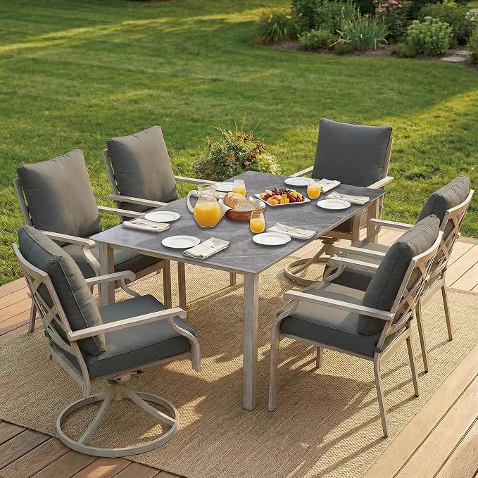 7-Piece Patio Dining Set, Grey Food-Grade Sintered Stone Dining Table with Umbrella Hole, 4 Dining Chairs and 2 Swivel Chairs with Grey Removable Thickened Cushions for Garden Lawn Yard