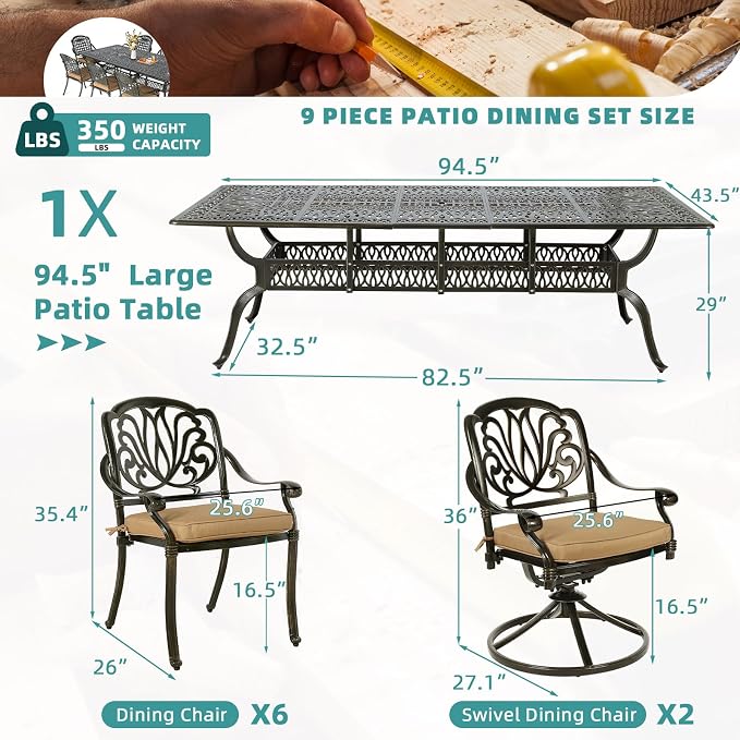MEETWARM 9-Piece Outdoor Patio Dining Set for 8, All Weather Cast Aluminum Patio Funiture Table and Chairs Set- 94.5” Rectangular Table and 2 Swivel Rocker Chairs, 6 Stationary, Umbrella Hole, Khaki