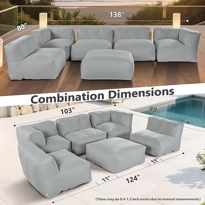 Patio Furniture Set, 6 Pcs Outdoor Conversation Set with Bean Bag Middle Chairs, Corner Chair, Ottomans, Modern Foam Couch Set for Garden, Deck, Balcony (6, Light Gray)
