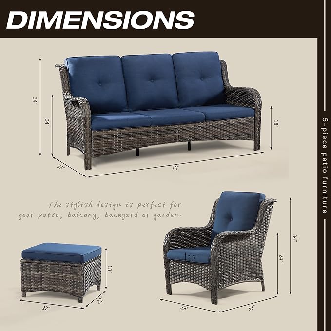 Patio Furniture Set 5-Piece Wicker Outdoor Furniture Conversational Set with 3-Seat Sofa, 2 Armchairs, 2 Ottoman Patio Rattan Wicker Sectional Sofa Set with Olefin Cushions, Blue