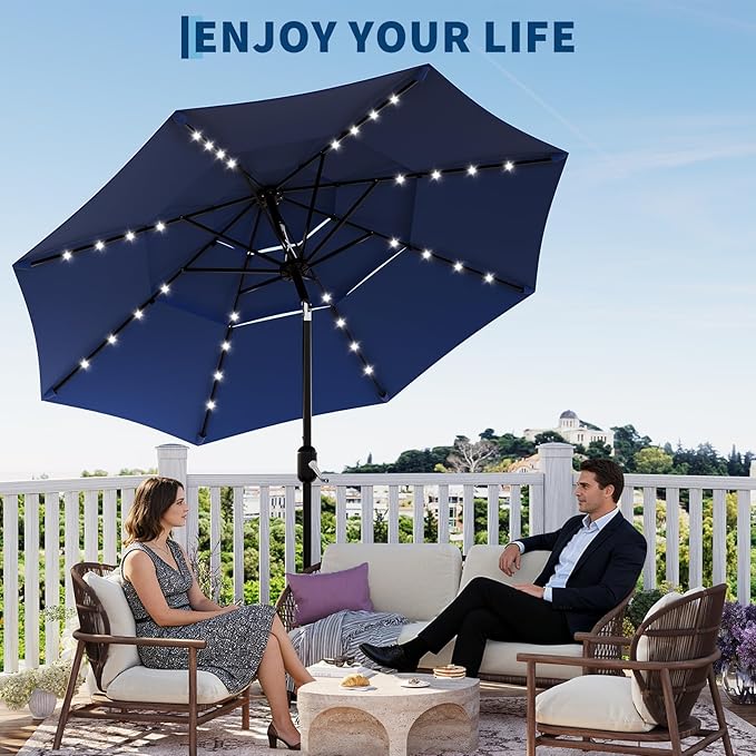 Garvee 10Ft 3-Tier Solar Patio Umbrella with LED Lights, Outdoor Table Umbrella with Vents, Easy Crank and Push Button Tilt, Market Umbrella with 8 Sturdy Ribs for Pool, Deck, Yard, Garden -Navy Blue