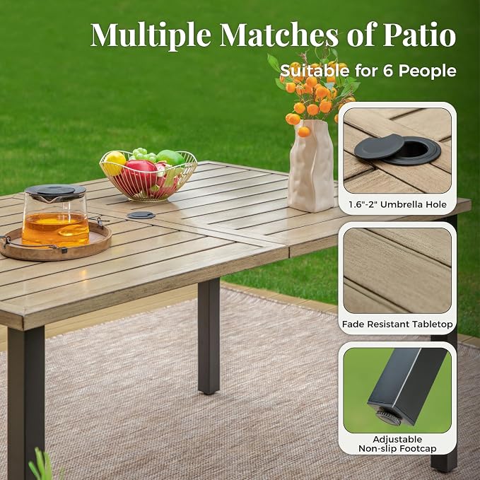 MIXPATIO Outdoor Patio Dining Table for 6, 60" x 36" Rectangular Metal Patio Dining Table with Umbrella Hole and Wood-Like Tabletop, All Weather Wrought Iron Outdoor Table for Backyard and Porch