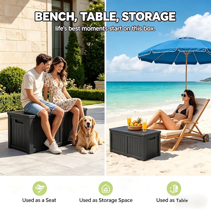 146 Gallon Deck Box, Waterproof Outdoor Storage Box, Lockable Resin Patio Storage Box for Cushions, Garden Tools & Pool Accessories, Heavy Duty Outdoor Storage Bench, Black