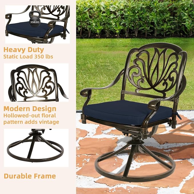 9-Piece Patio Furniture Dining Set, Cast Aluminum Outdoor Conversation Set- 61" Round Patio Dining Table with Detachable Lazy Susan & 8 Cushioned Swivel Rocker, Umbrella Hole, Navy Blue