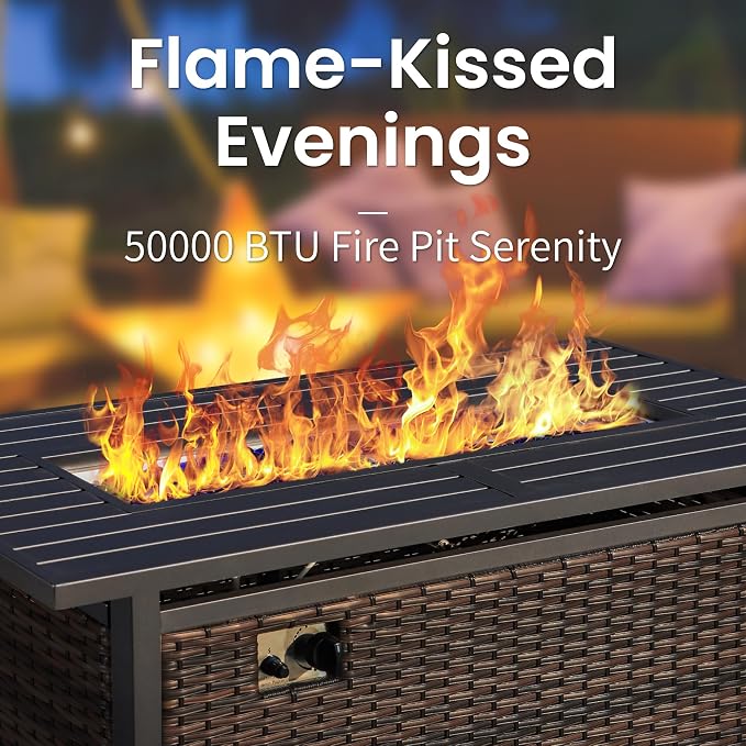 PHI VILLA Outdoor Patio Furniture Set with 56" Fire Pit Table, 4 Pieces Heavy-Duty Rattan Wicker Metal Patio Conversation Sets for Backyard Garden Deck