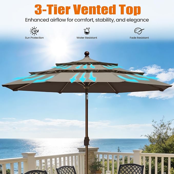 EliteShade USA 10-Year-Non-Fading 10ft 3-Tier Market Patio Umbrella, Commercial Grade Outdoor Table Umbrella with Crank Open, Windproof & UPF 50+ UV Protection, Heavy Duty Ventilation for Garden, Deck, Pool, Backyard, Beach & Bistro, Taupe