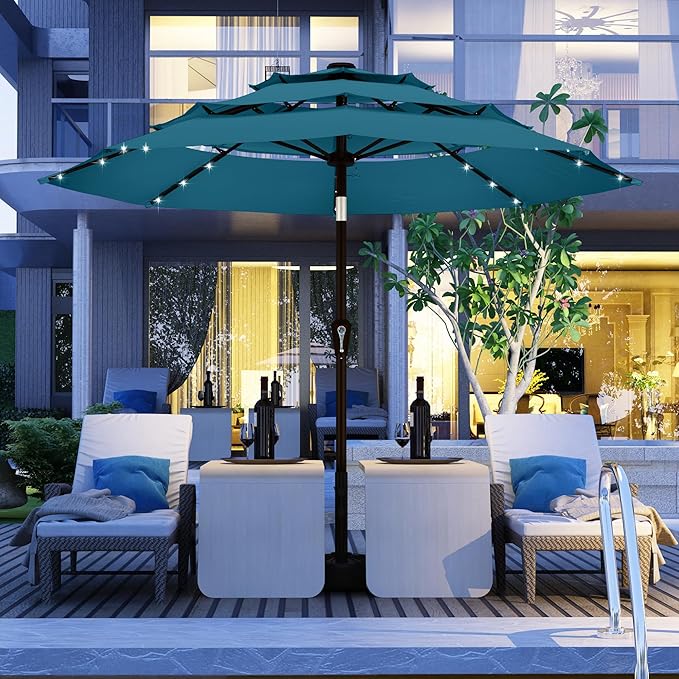 Kingdura 9ft 3-Tier Patio Umbrella with Solar Lights, Table Umbrella Outdoor Patio with Easy Crank & Tilt, 8 Sturdy Ribs, UV Protection, 32 LED Lights for Deck, Poolside, Market (Lake blue)
