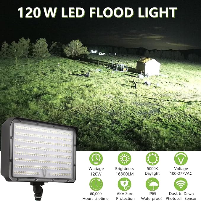 120W Outdoor LED Flood Light Dusk to Dawn with Knuckle, 16800LM 1000W Equivalent, 100-277V 5000K Daylight, ETL Commercial LED Flood Light Fixture, Outdoor Security Lighting for Landscape/Parking Lot