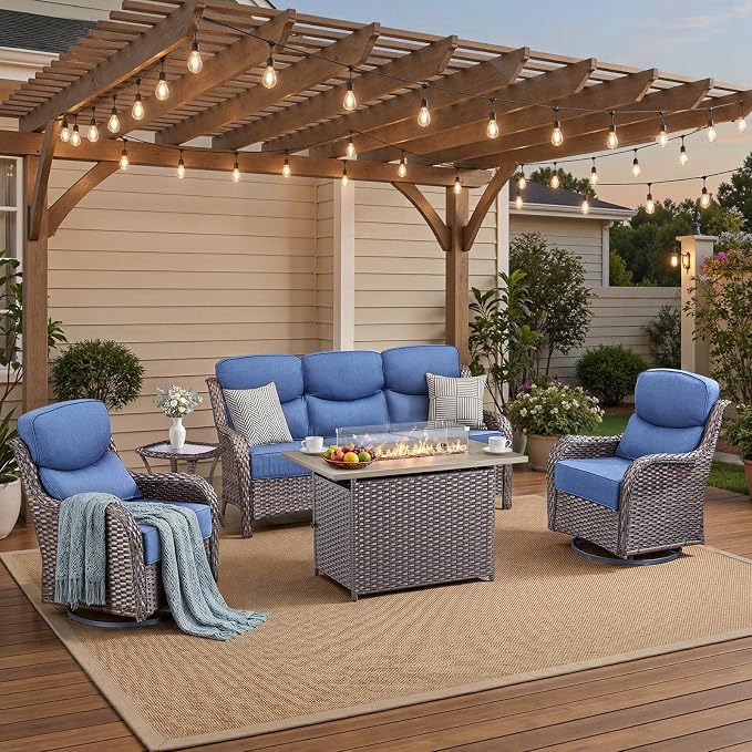 Luxury High Back Patio Furniture Set with 6-Inch Thick Cushions, 5-Pieces Outdoor Furniture with Swivel Chairs Fire Pit, Wicker Conversation Set for Porch, Balcony, Deck and Yard, Brown/Blue