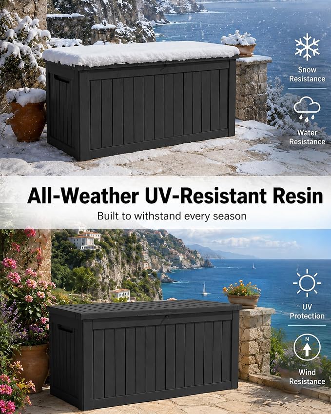 MAKINO 274 Gallon Large Waterproof Deck Box, Heavy Duty Resin Outdoor Storage Box, Outside Storage Bench with Hydraulic Rod for Patio/Furniture Cushions/Garden Tools/Backyard/Pool Accessories, Black