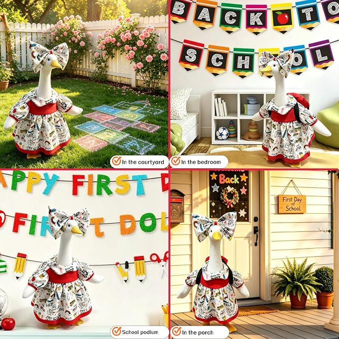 Back to School Porch Goose Outfits, Student Goose Outfit Fits 23" Cement Plastic Geese Statue, Goose Clothes for School Classroom Cement Goose Outdoor Garden Yard Decor