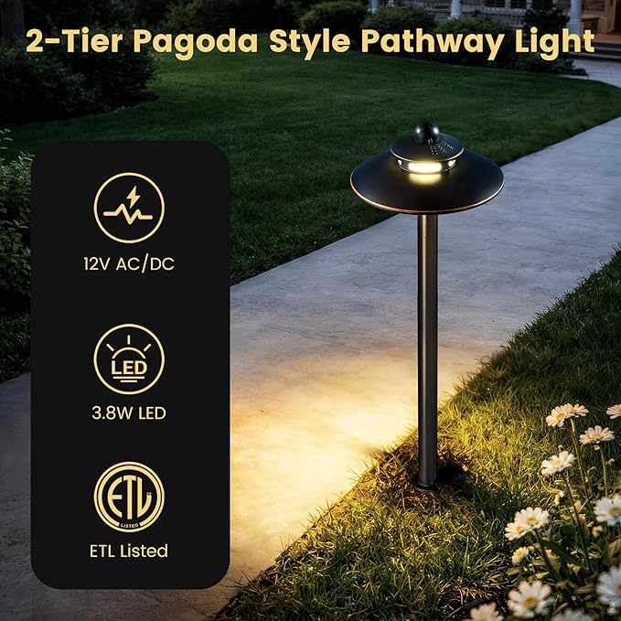 SURAIELEC 12V Low Voltage LED Landscape Path Lights, 3.8W 2-Tier Pagoda Pathway Light with Connectors, 3 Color Temperature Adjustable, Aluminum ORB Outdoor Walkway Garden Lights, ETL Listed, 4 Pack