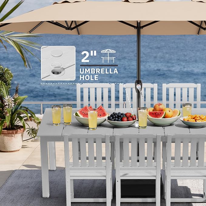 AreShark 7-Piece Outdoor Dining Set,HDPE Patio Table with 6 Armless Chairs,All-Weather Patio Furniture Set with Umbrella Hole,Low Maintenance Wood Grain Dining Set for Backyard,Garden,Poolside,Black