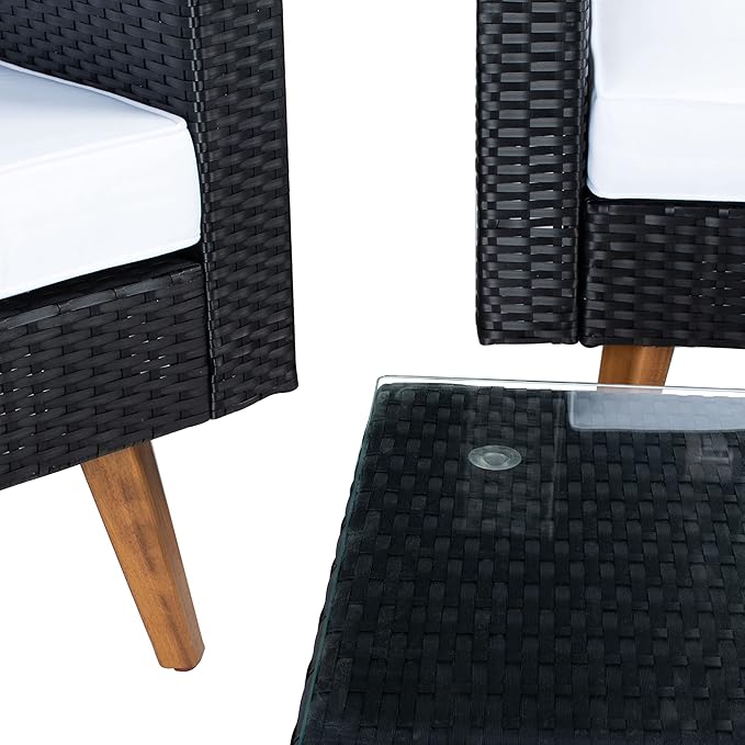 SAFAVIEH Outdoor Collection Presla Wicker Cushion 6-Piece Living Set PAT7715A-3BX, Black/White